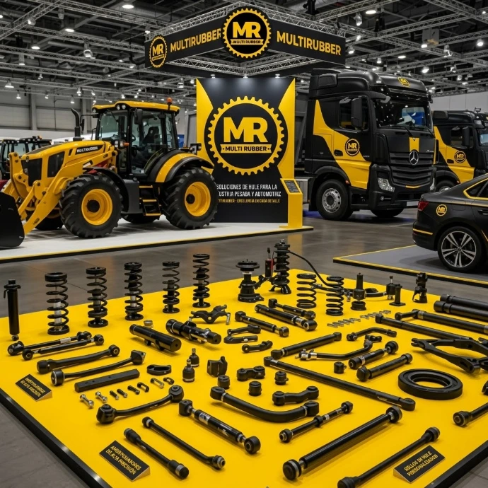 Stand de feria comercial de MULTIRUBBER en un gran pabellón de exposiciones, mostrando un tractor amarillo y un camión Mercedes-Benz negro. En primer plano, se exhibe una gran colección de piezas de hule industriales de precisión en amarillo y negro, sobre una superficie amarilla con bordes negros.